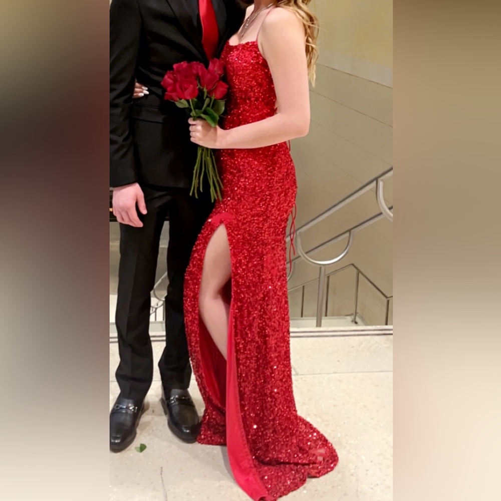 Stunning red Amarra slit sequined dress. Size 0.